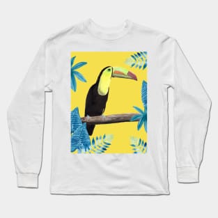 Toucan with tropical leaves and a yellow background Long Sleeve T-Shirt